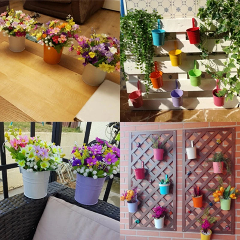 1Pcs Wall Hanging Flower Pots Metal Flower Pots with Handle Iron Garden Balcony Vertical Bucket Holder Home Decor Garden Pots