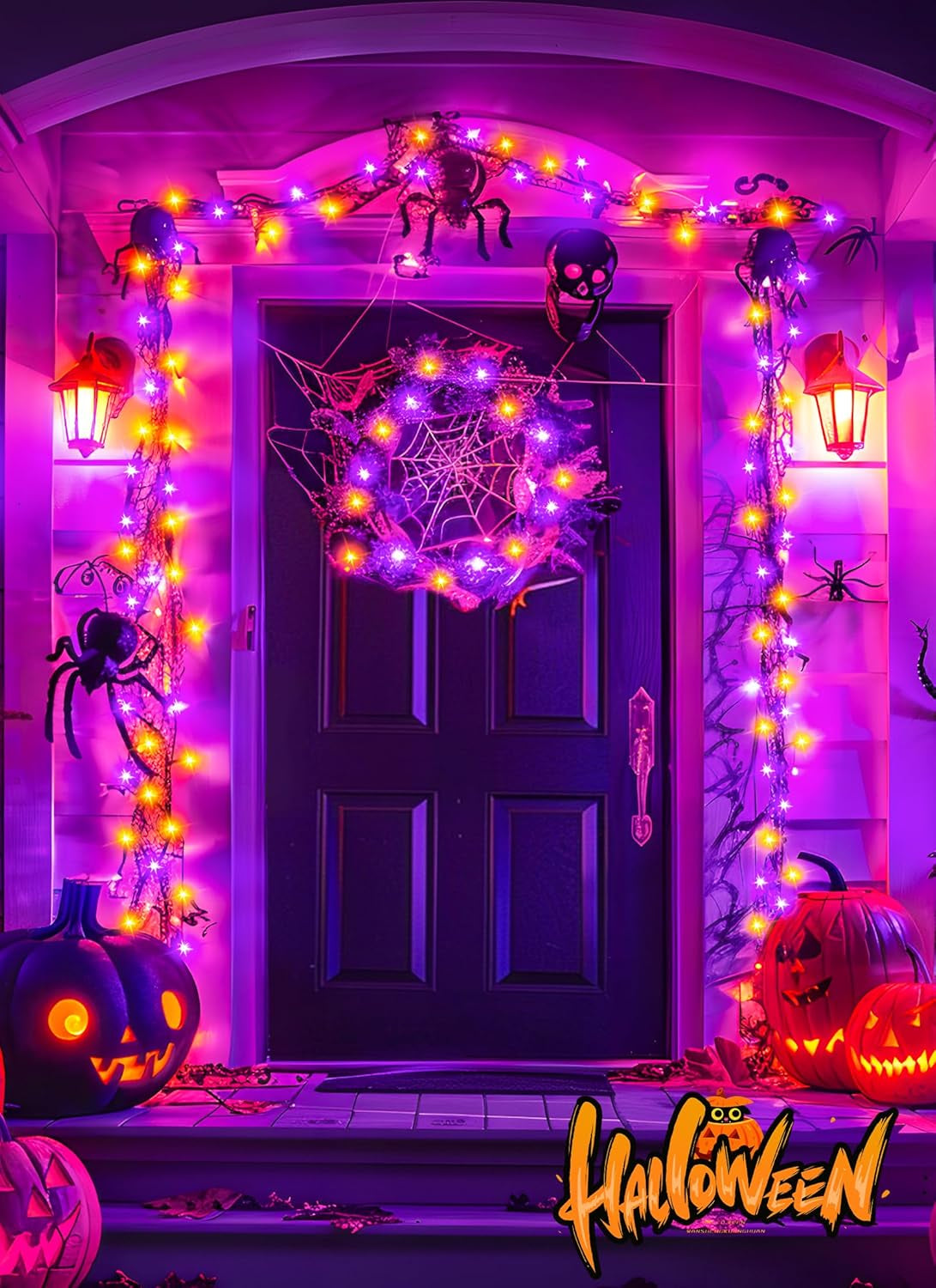 Halloween Lights Battery Operated Outdoor, 10FT 120 LED Orange and Purple Halloween Cluster Lights with Timer, 8 Modes Waterproof Twinkle Fairy String Lights for Indoor Decorations