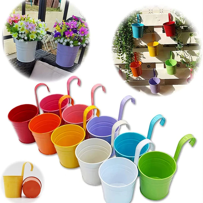 1Pcs Wall Hanging Flower Pots Metal Flower Pots with Handle Iron Garden Balcony Vertical Bucket Holder Home Decor Garden Pots
