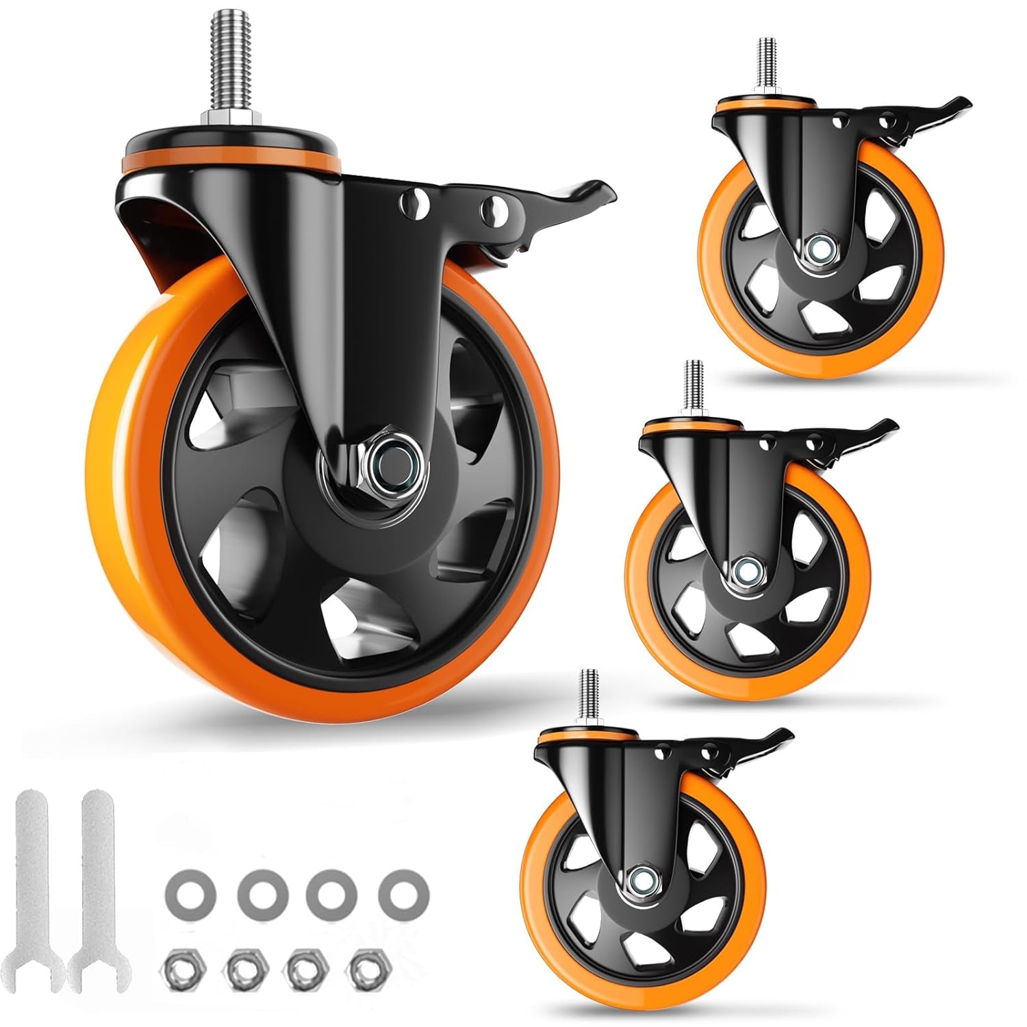 4 Inch Caster Wheels 2200Lbs, Threaded Stem Casters Set of 4 Heavy Duty, 1/2"-13 X 1 (Screw Diameter 1/2", Stem Length 1"), Safety Dual Locking Industrial Castors, Wheels for Cart, Furniture