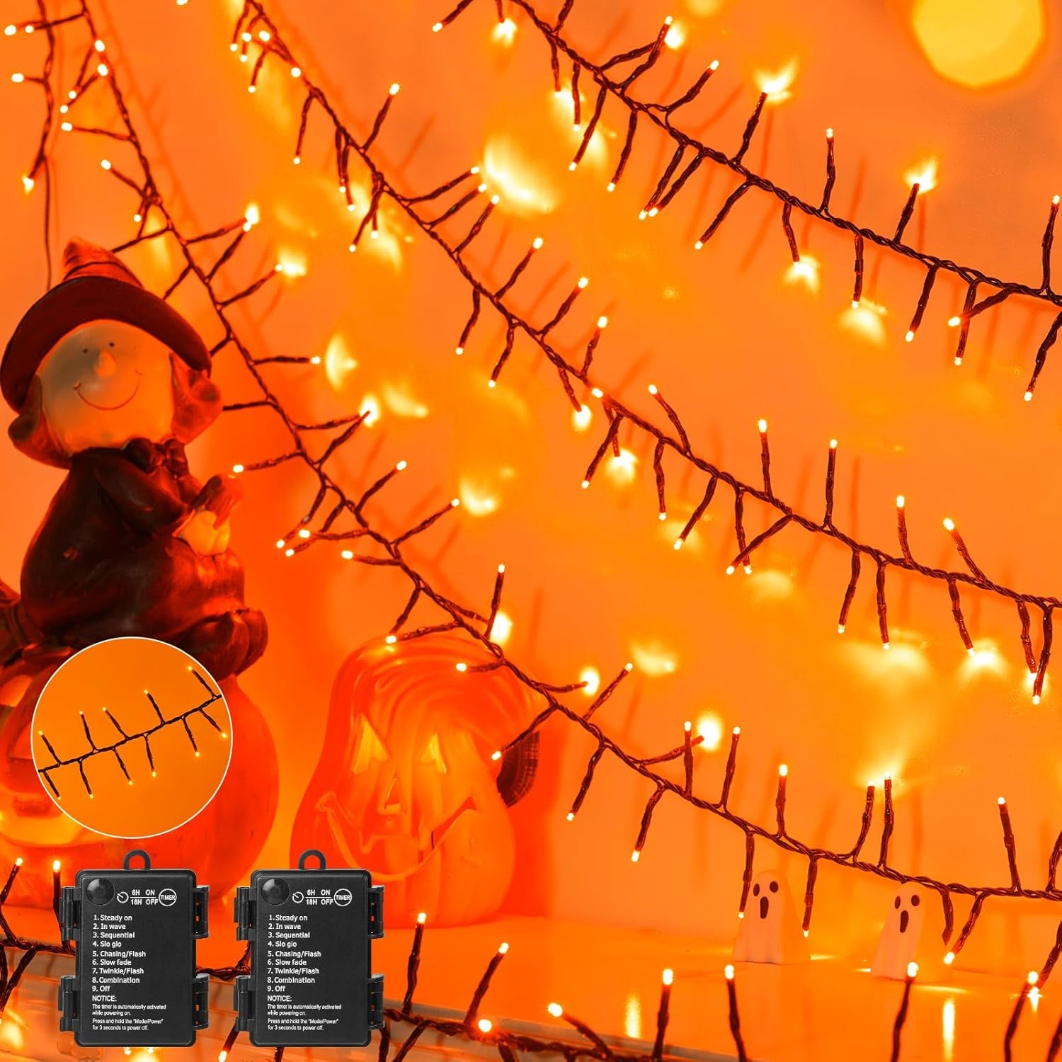 Halloween Lights Battery Operated Outdoor, 10FT 120 LED Orange and Purple Halloween Cluster Lights with Timer, 8 Modes Waterproof Twinkle Fairy String Lights for Indoor Decorations
