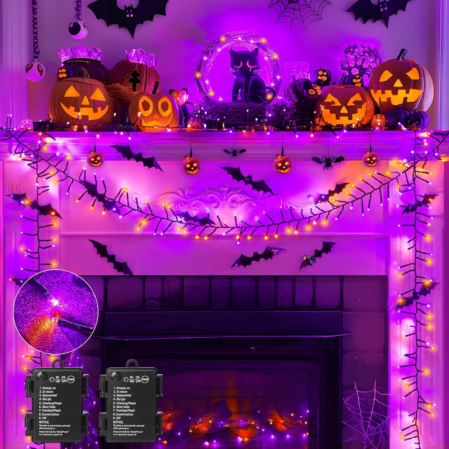 Halloween Lights Battery Operated Outdoor, 10FT 120 LED Orange and Purple Halloween Cluster Lights with Timer, 8 Modes Waterproof Twinkle Fairy String Lights for Indoor Decorations