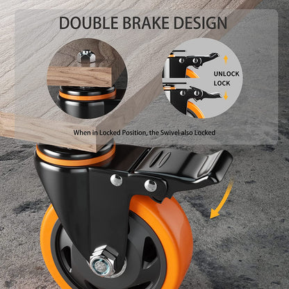 4 Inch Caster Wheels 2200Lbs, Threaded Stem Casters Set of 4 Heavy Duty, 1/2"-13 X 1 (Screw Diameter 1/2", Stem Length 1"), Safety Dual Locking Industrial Castors, Wheels for Cart, Furniture