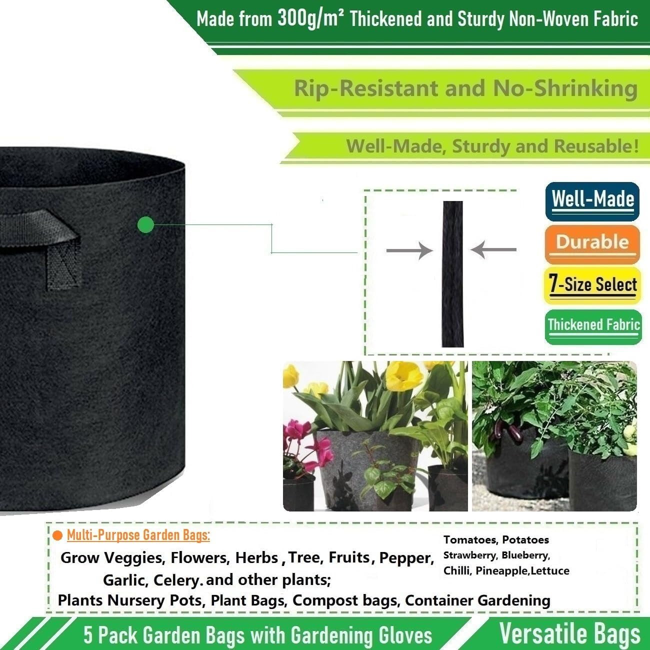 5-Pack 15 Gallon Thickened Plant Grow Bags (20X12 Inch) Fabric Plant Pots Garden Bag for Potato,Tomato Planters,Herbs Veggies Planter Bag,Garden Pot,Flower Pot,Barrel Planter,Plant Container W/ Gloves