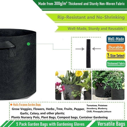 5-Pack 15 Gallon Thickened Plant Grow Bags (20X12 Inch) Fabric Plant Pots Garden Bag for Potato,Tomato Planters,Herbs Veggies Planter Bag,Garden Pot,Flower Pot,Barrel Planter,Plant Container W/ Gloves