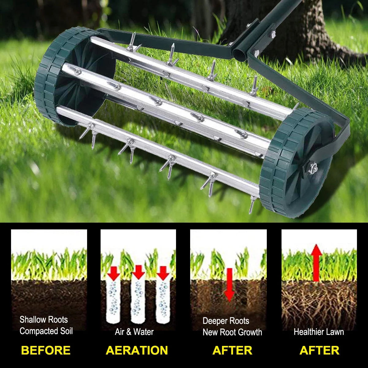 Rolling Garden Lawn Aerator Roller Home Grass Steel Handle