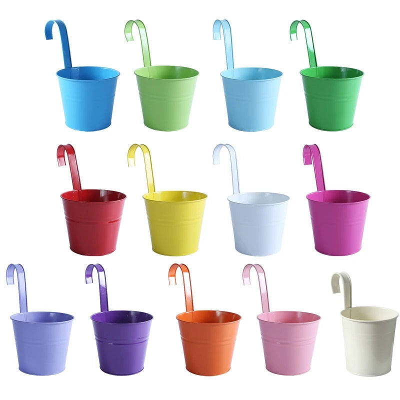 1Pcs Wall Hanging Flower Pots Metal Flower Pots with Handle Iron Garden Balcony Vertical Bucket Holder Home Decor Garden Pots