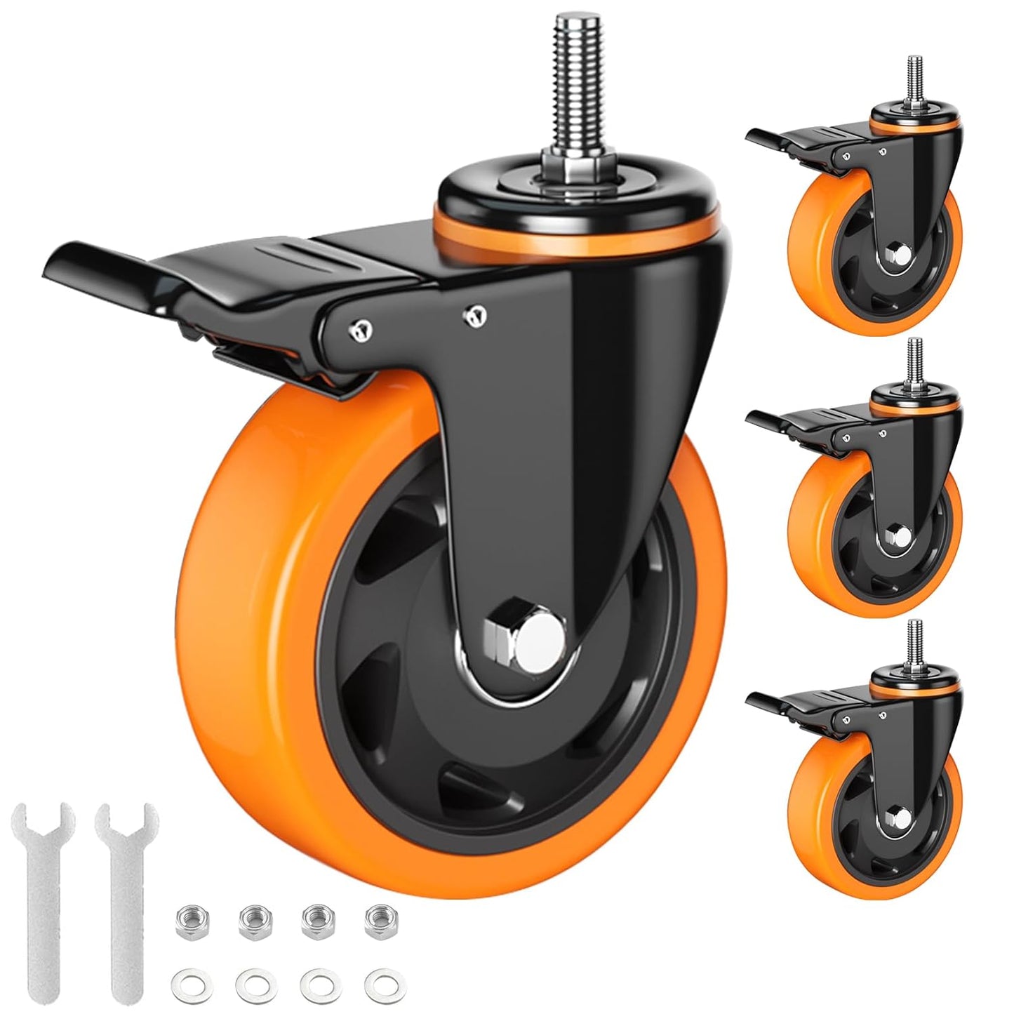 4 Inch Caster Wheels 2200Lbs, Threaded Stem Casters Set of 4 Heavy Duty, 1/2"-13 X 1 (Screw Diameter 1/2", Stem Length 1"), Safety Dual Locking Industrial Castors, Wheels for Cart, Furniture