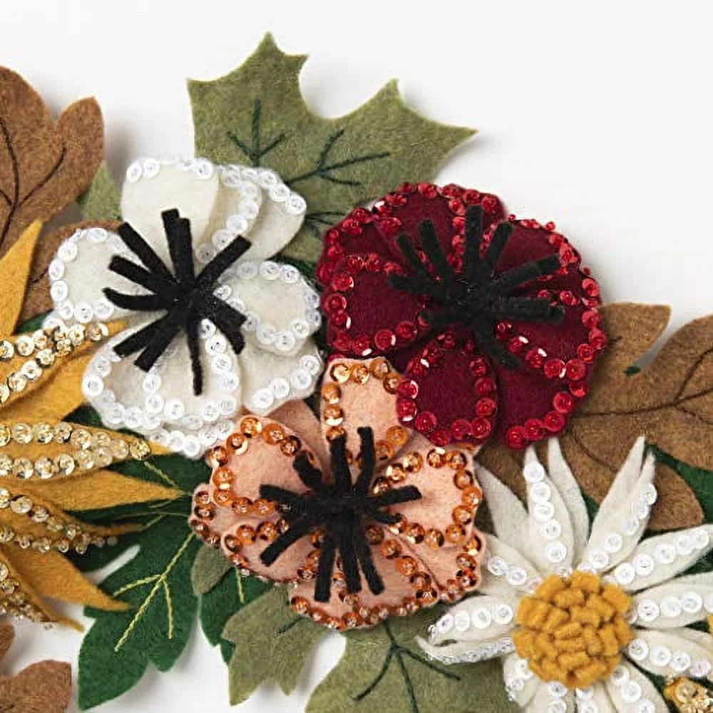 Felt Applique DIY Holiday Wreath, Fall Floral, 16.5" X 16.5"