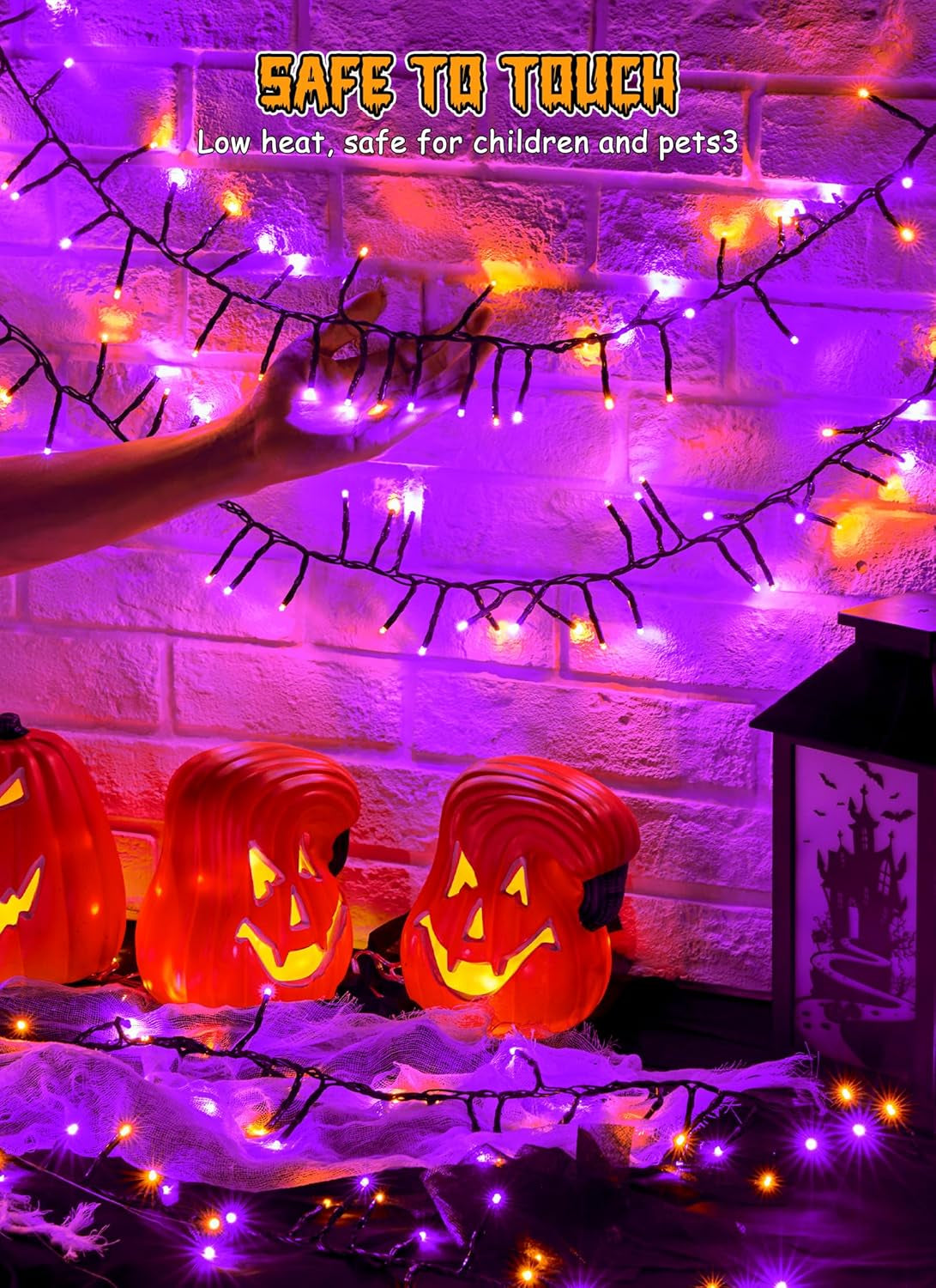 Halloween Lights Battery Operated Outdoor, 10FT 120 LED Orange and Purple Halloween Cluster Lights with Timer, 8 Modes Waterproof Twinkle Fairy String Lights for Indoor Decorations