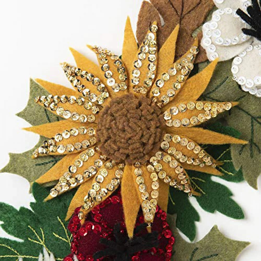 Felt Applique DIY Holiday Wreath, Fall Floral, 16.5" X 16.5"