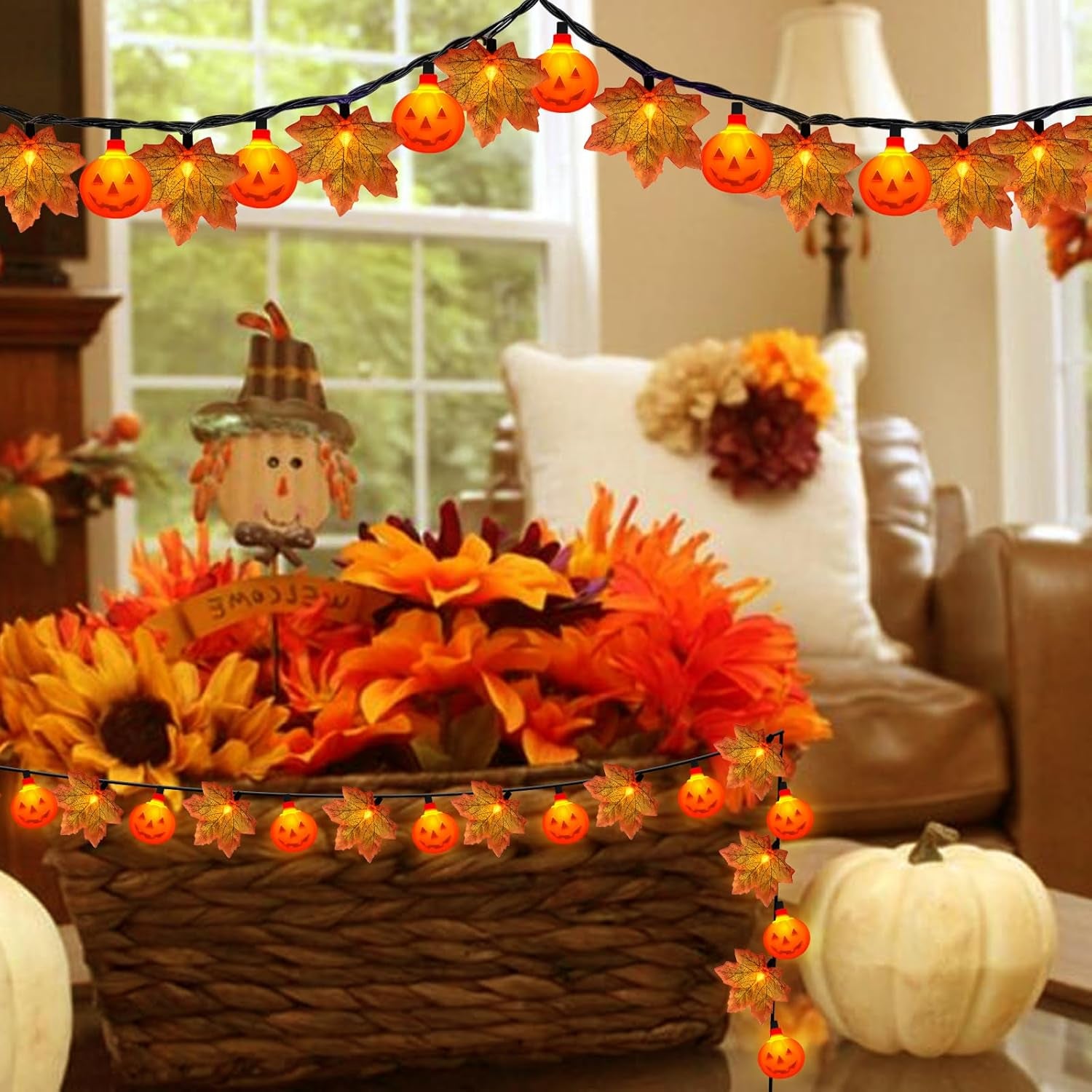 Thanksgiving Day Red Maple Leaf with Pumpkin LED Lights, 13.5FT Plug in Autumn Fall Light with 35 Mini LED Bulbs for Thanksgiving Day Halloween Home DIY Party Decoration
