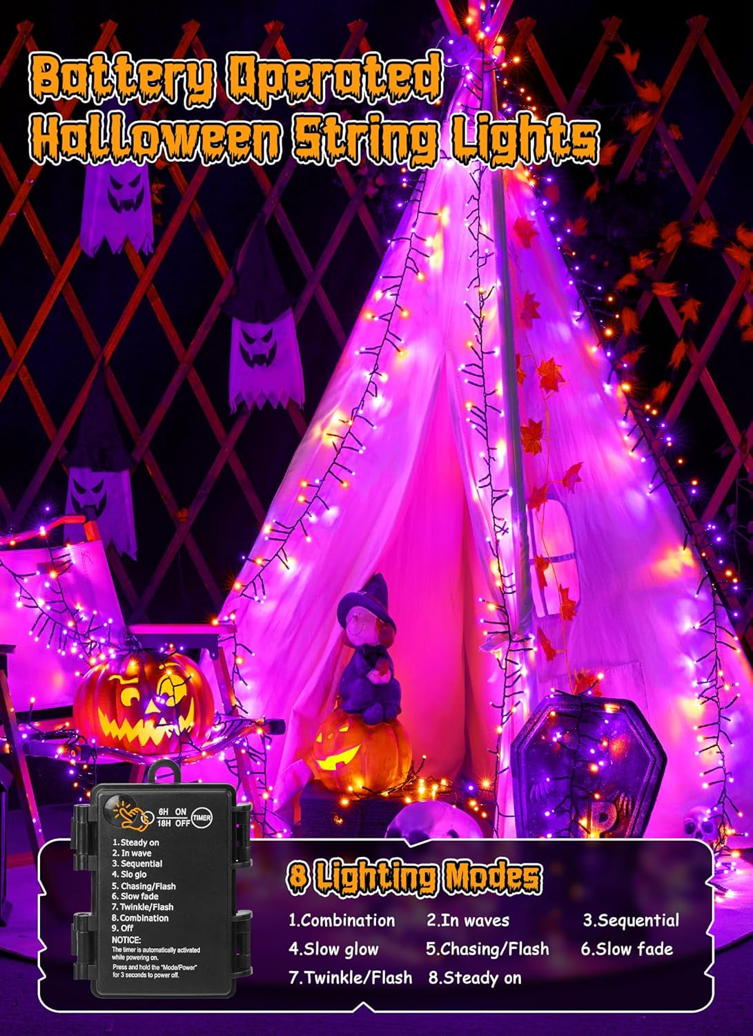 Halloween Lights Battery Operated Outdoor, 10FT 120 LED Orange and Purple Halloween Cluster Lights with Timer, 8 Modes Waterproof Twinkle Fairy String Lights for Indoor Decorations