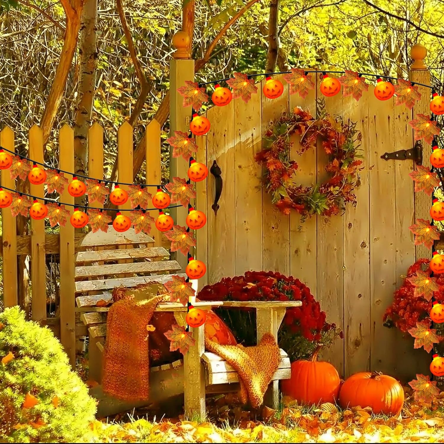 Thanksgiving Day Red Maple Leaf with Pumpkin LED Lights, 13.5FT Plug in Autumn Fall Light with 35 Mini LED Bulbs for Thanksgiving Day Halloween Home DIY Party Decoration