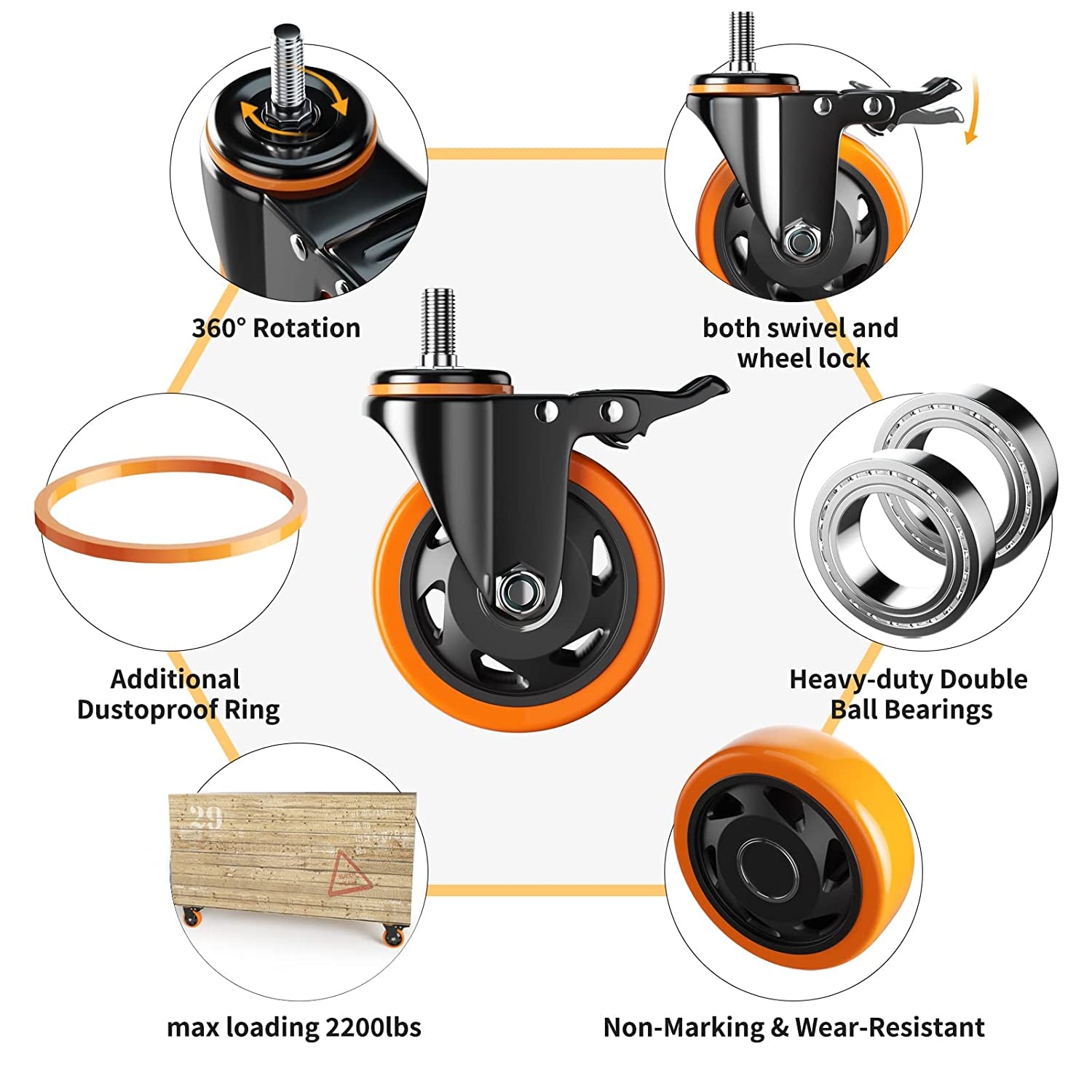 4 Inch Caster Wheels 2200Lbs, Threaded Stem Casters Set of 4 Heavy Duty, 1/2"-13 X 1 (Screw Diameter 1/2", Stem Length 1"), Safety Dual Locking Industrial Castors, Wheels for Cart, Furniture