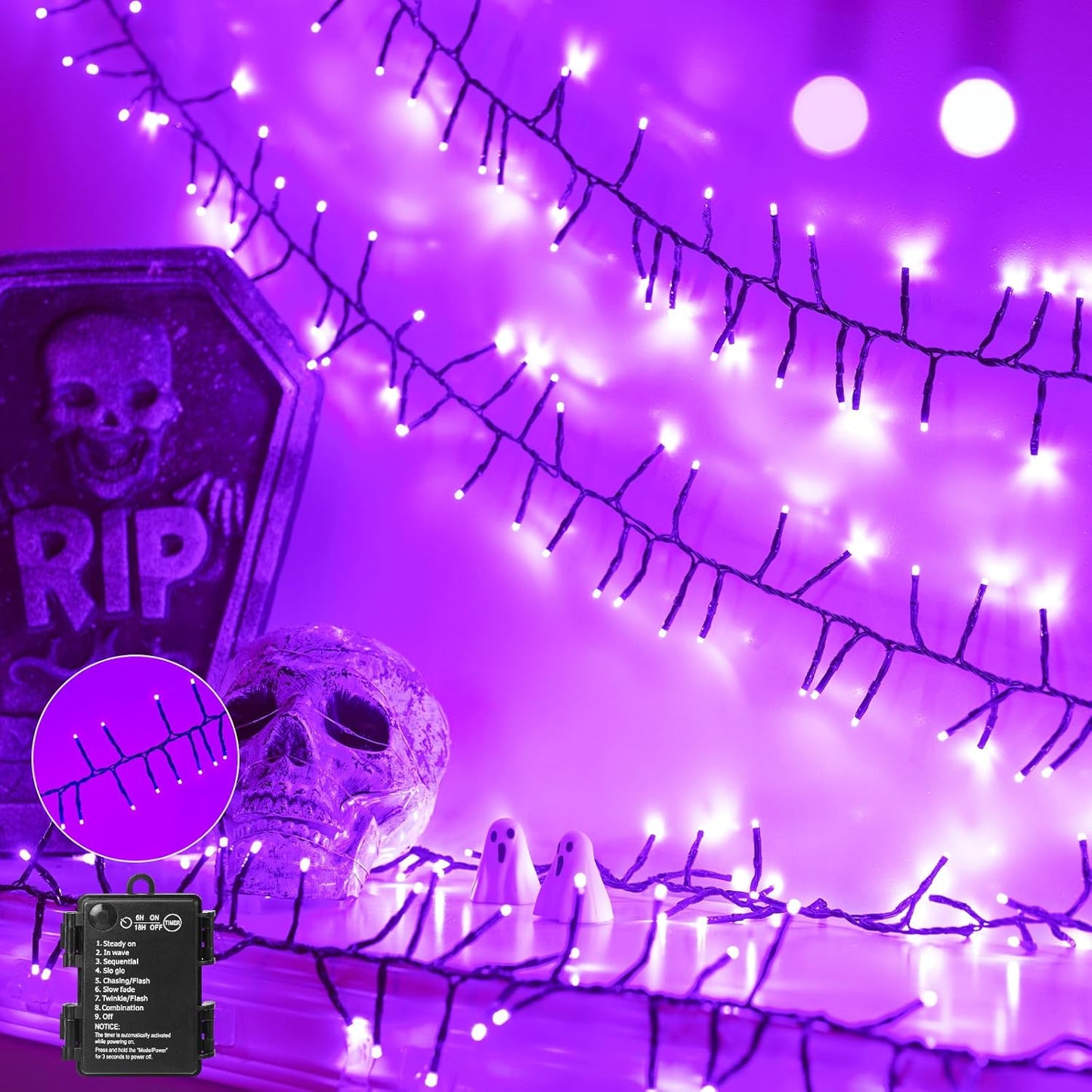 Halloween Lights Battery Operated Outdoor, 10FT 120 LED Orange and Purple Halloween Cluster Lights with Timer, 8 Modes Waterproof Twinkle Fairy String Lights for Indoor Decorations