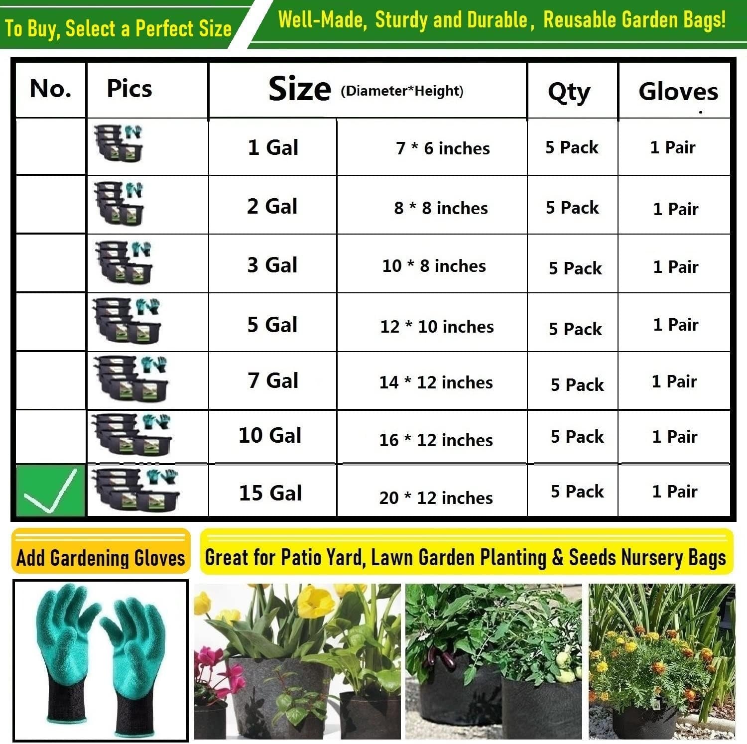 5-Pack 15 Gallon Thickened Plant Grow Bags (20X12 Inch) Fabric Plant Pots Garden Bag for Potato,Tomato Planters,Herbs Veggies Planter Bag,Garden Pot,Flower Pot,Barrel Planter,Plant Container W/ Gloves