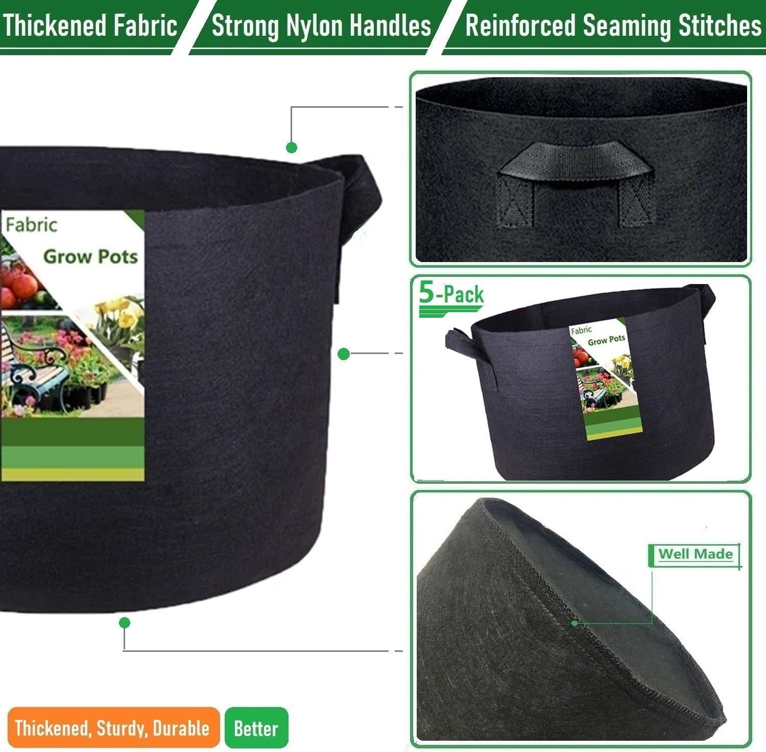 5-Pack 15 Gallon Thickened Plant Grow Bags (20X12 Inch) Fabric Plant Pots Garden Bag for Potato,Tomato Planters,Herbs Veggies Planter Bag,Garden Pot,Flower Pot,Barrel Planter,Plant Container W/ Gloves
