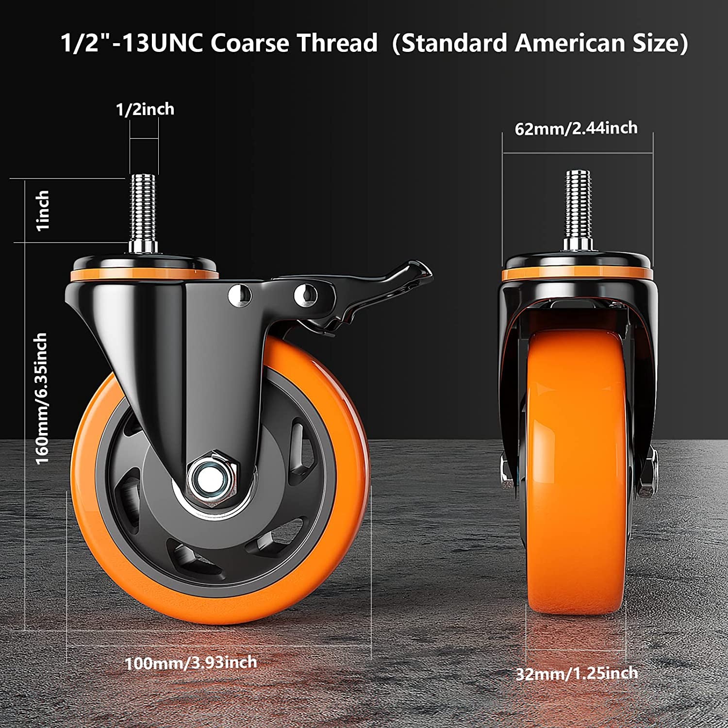 4 Inch Caster Wheels 2200Lbs, Threaded Stem Casters Set of 4 Heavy Duty, 1/2"-13 X 1 (Screw Diameter 1/2", Stem Length 1"), Safety Dual Locking Industrial Castors, Wheels for Cart, Furniture