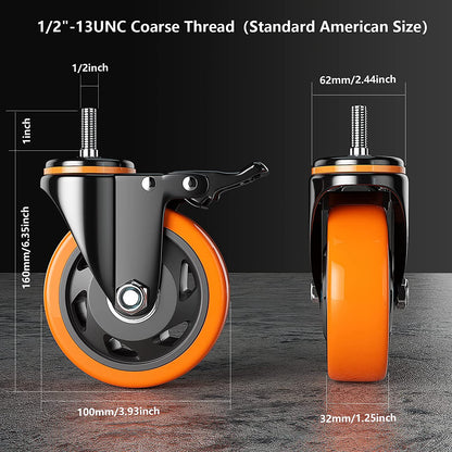 4 Inch Caster Wheels 2200Lbs, Threaded Stem Casters Set of 4 Heavy Duty, 1/2"-13 X 1 (Screw Diameter 1/2", Stem Length 1"), Safety Dual Locking Industrial Castors, Wheels for Cart, Furniture