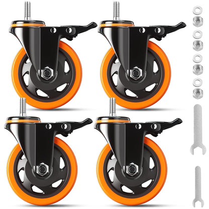 4 Inch Caster Wheels 2200Lbs, Threaded Stem Casters Set of 4 Heavy Duty, 1/2"-13 X 1 (Screw Diameter 1/2", Stem Length 1"), Safety Dual Locking Industrial Castors, Wheels for Cart, Furniture