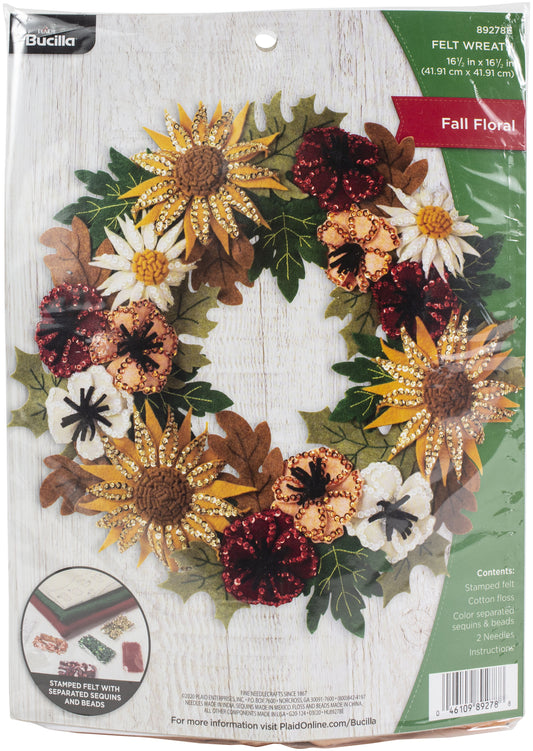 Felt Applique DIY Holiday Wreath, Fall Floral, 16.5" X 16.5"