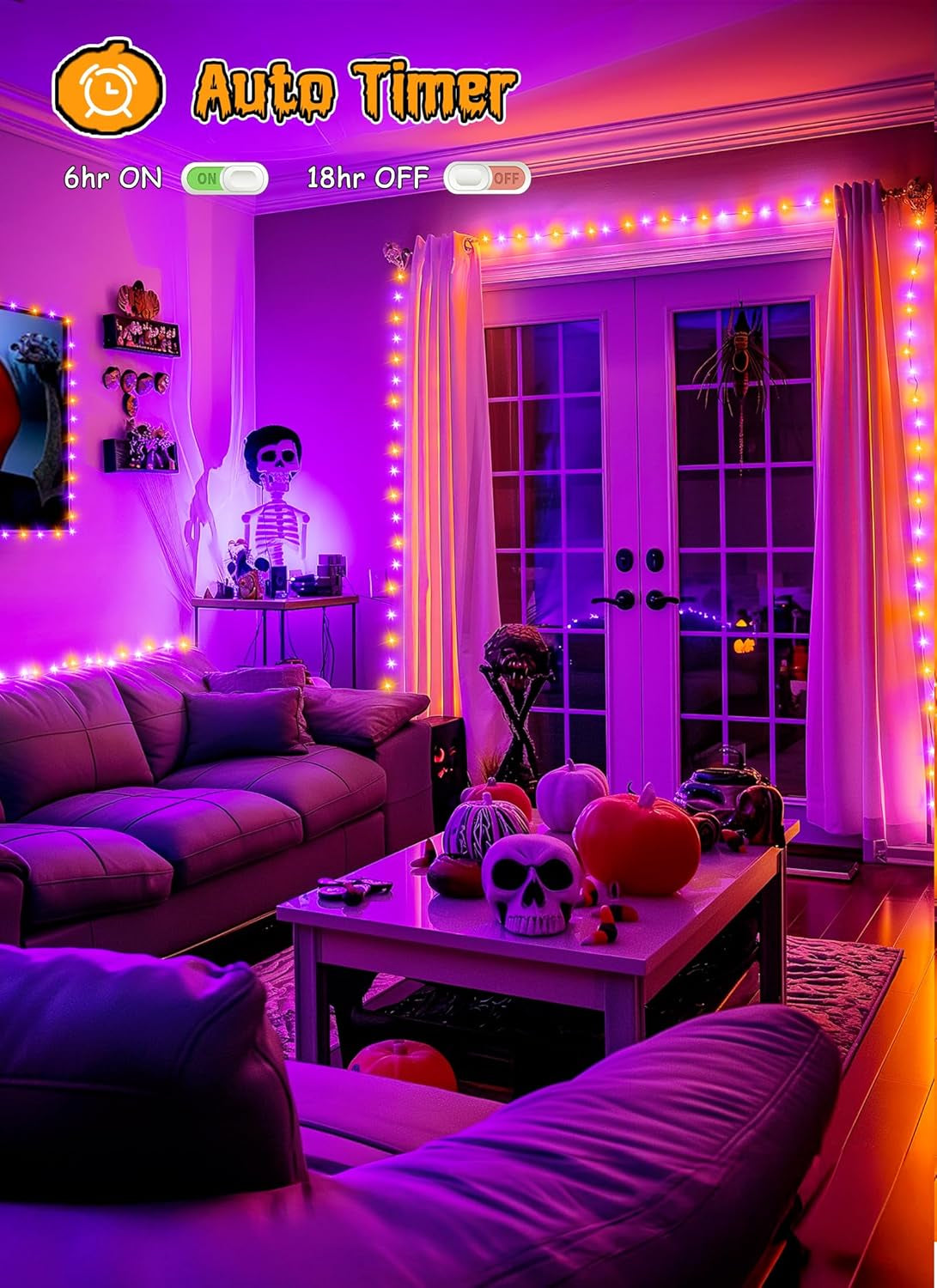 Halloween Lights Battery Operated Outdoor, 10FT 120 LED Orange and Purple Halloween Cluster Lights with Timer, 8 Modes Waterproof Twinkle Fairy String Lights for Indoor Decorations