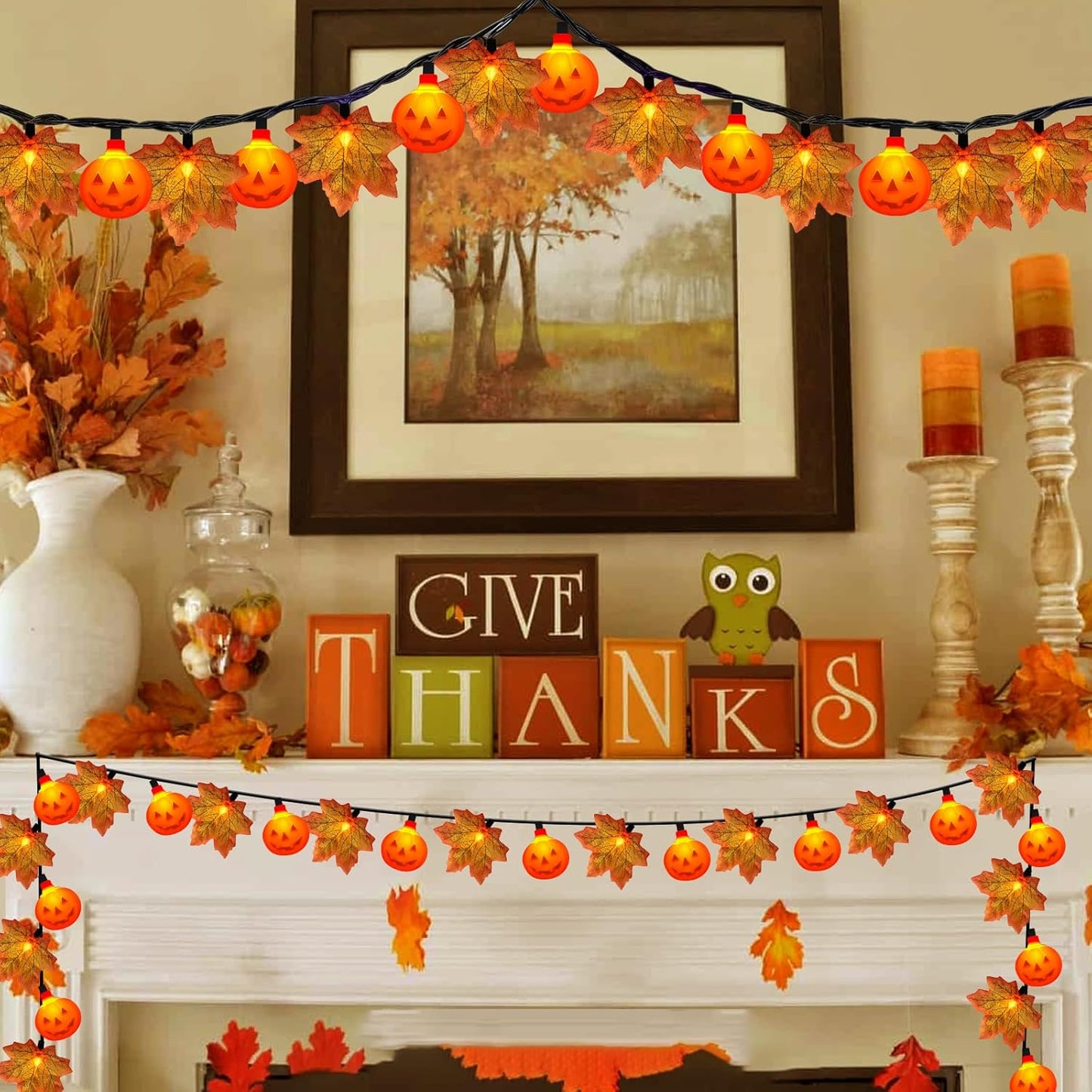 Thanksgiving Day Red Maple Leaf with Pumpkin LED Lights, 13.5FT Plug in Autumn Fall Light with 35 Mini LED Bulbs for Thanksgiving Day Halloween Home DIY Party Decoration