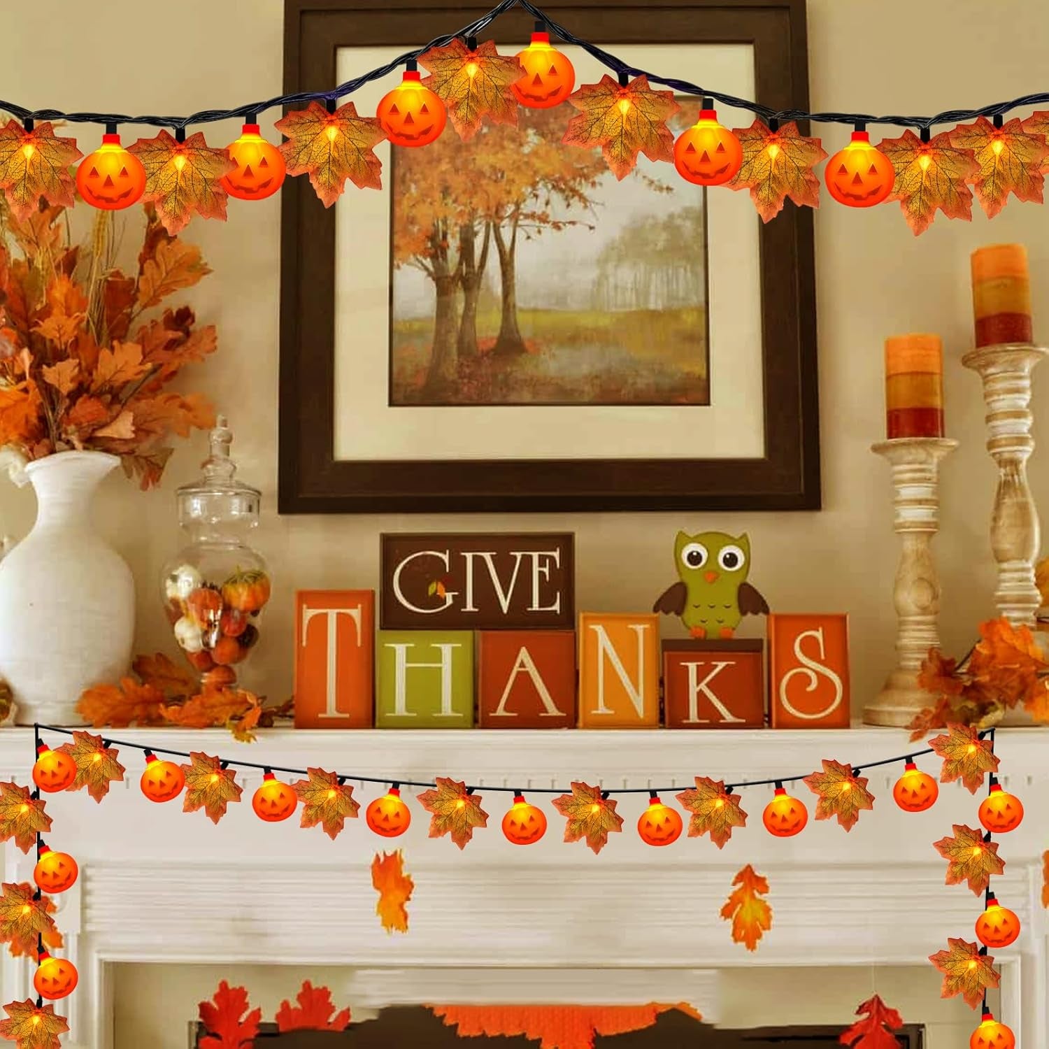 Thanksgiving Day Red Maple Leaf with Pumpkin LED Lights, 13.5FT Plug in Autumn Fall Light with 35 Mini LED Bulbs for Thanksgiving Day Halloween Home DIY Party Decoration