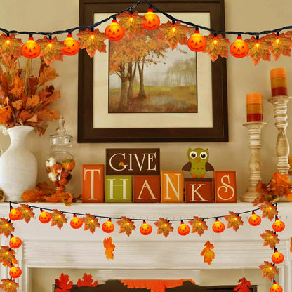 Thanksgiving Day Red Maple Leaf with Pumpkin LED Lights, 13.5FT Plug in Autumn Fall Light with 35 Mini LED Bulbs for Thanksgiving Day Halloween Home DIY Party Decoration