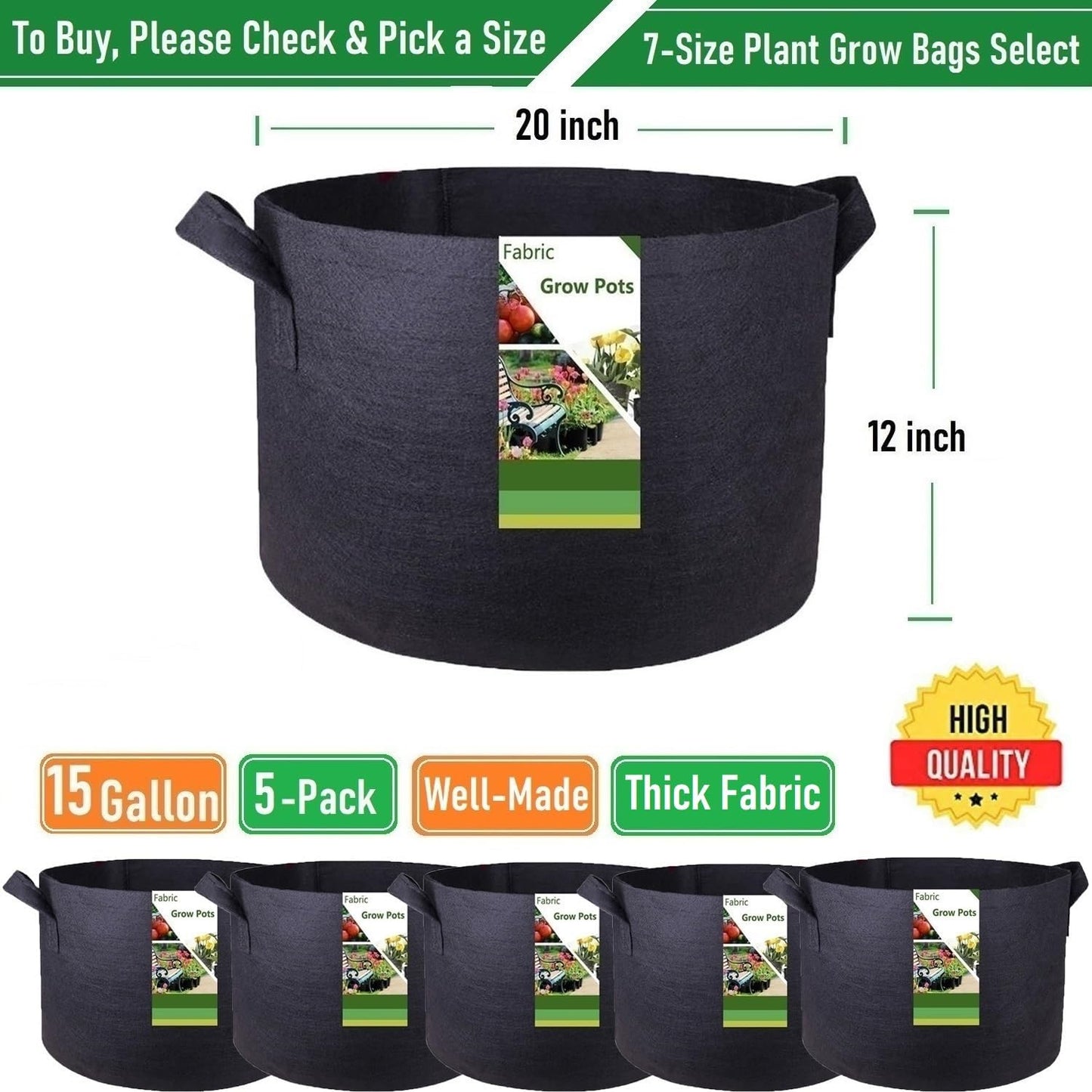 5-Pack 15 Gallon Thickened Plant Grow Bags (20X12 Inch) Fabric Plant Pots Garden Bag for Potato,Tomato Planters,Herbs Veggies Planter Bag,Garden Pot,Flower Pot,Barrel Planter,Plant Container W/ Gloves