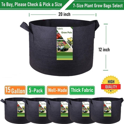 5-Pack 15 Gallon Thickened Plant Grow Bags (20X12 Inch) Fabric Plant Pots Garden Bag for Potato,Tomato Planters,Herbs Veggies Planter Bag,Garden Pot,Flower Pot,Barrel Planter,Plant Container W/ Gloves