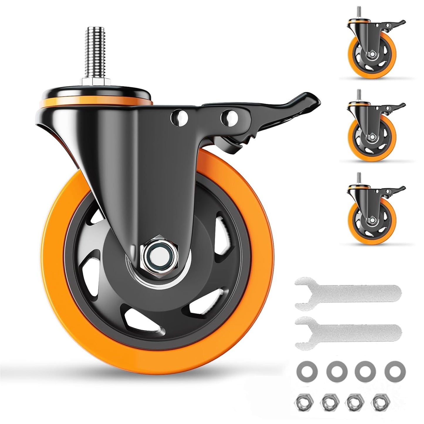 4 Inch Caster Wheels 2200Lbs, Threaded Stem Casters Set of 4 Heavy Duty, 1/2"-13 X 1 (Screw Diameter 1/2", Stem Length 1"), Safety Dual Locking Industrial Castors, Wheels for Cart, Furniture