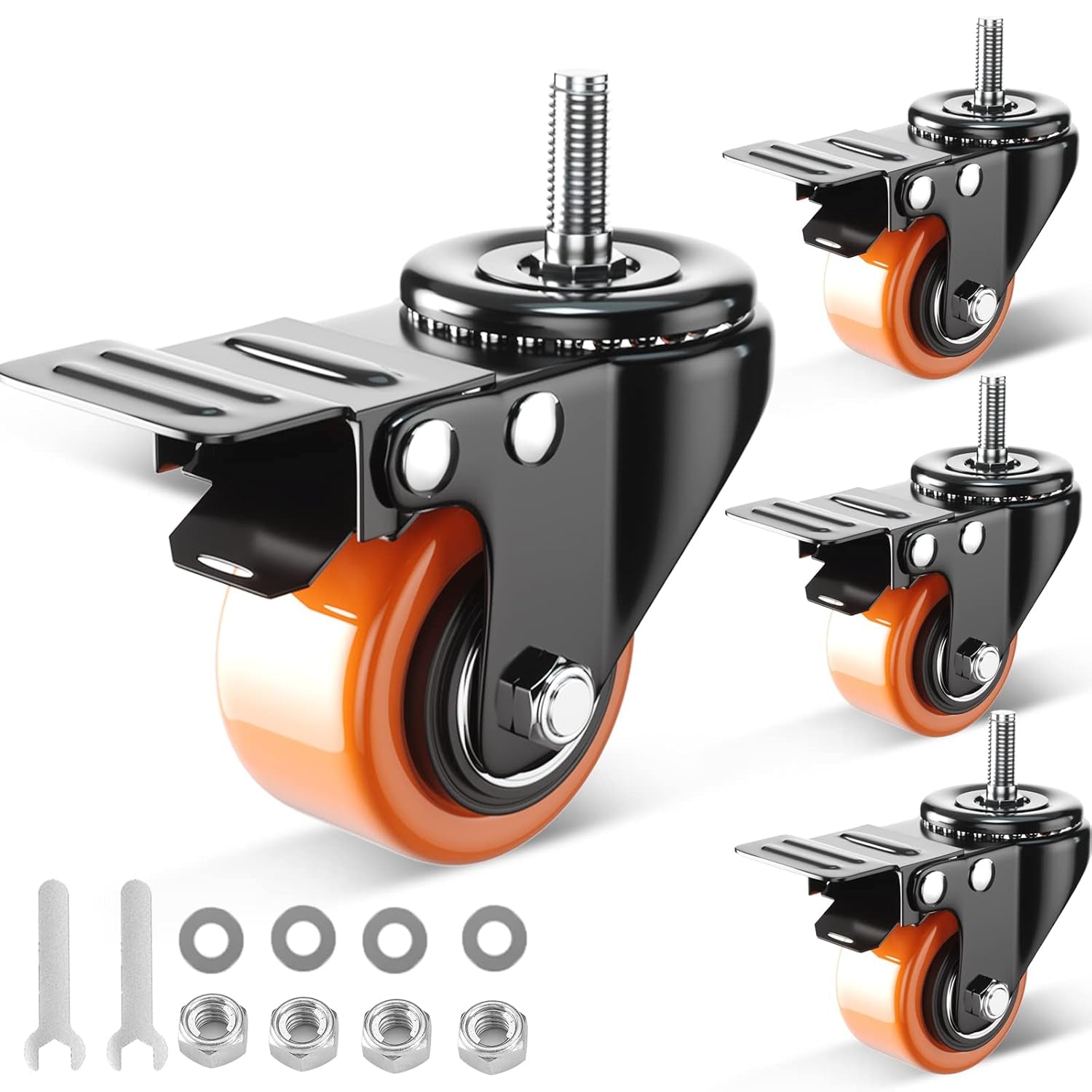 4 Inch Caster Wheels 2200Lbs, Threaded Stem Casters Set of 4 Heavy Duty, 1/2"-13 X 1 (Screw Diameter 1/2", Stem Length 1"), Safety Dual Locking Industrial Castors, Wheels for Cart, Furniture