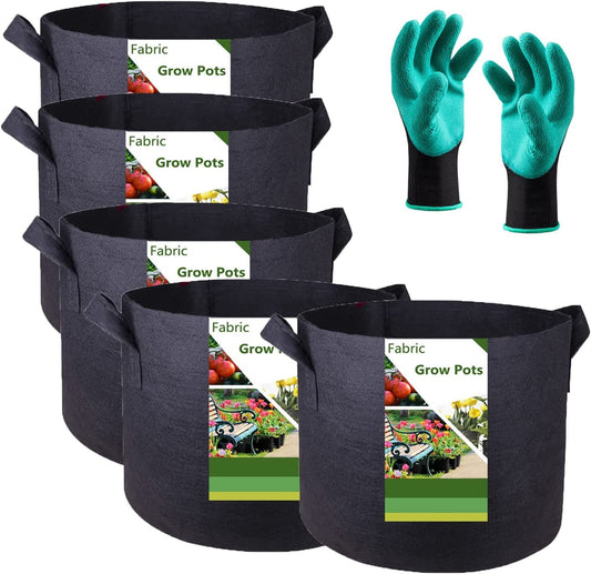 5-Pack 15 Gallon Thickened Plant Grow Bags (20X12 Inch) Fabric Plant Pots Garden Bag for Potato,Tomato Planters,Herbs Veggies Planter Bag,Garden Pot,Flower Pot,Barrel Planter,Plant Container W/ Gloves