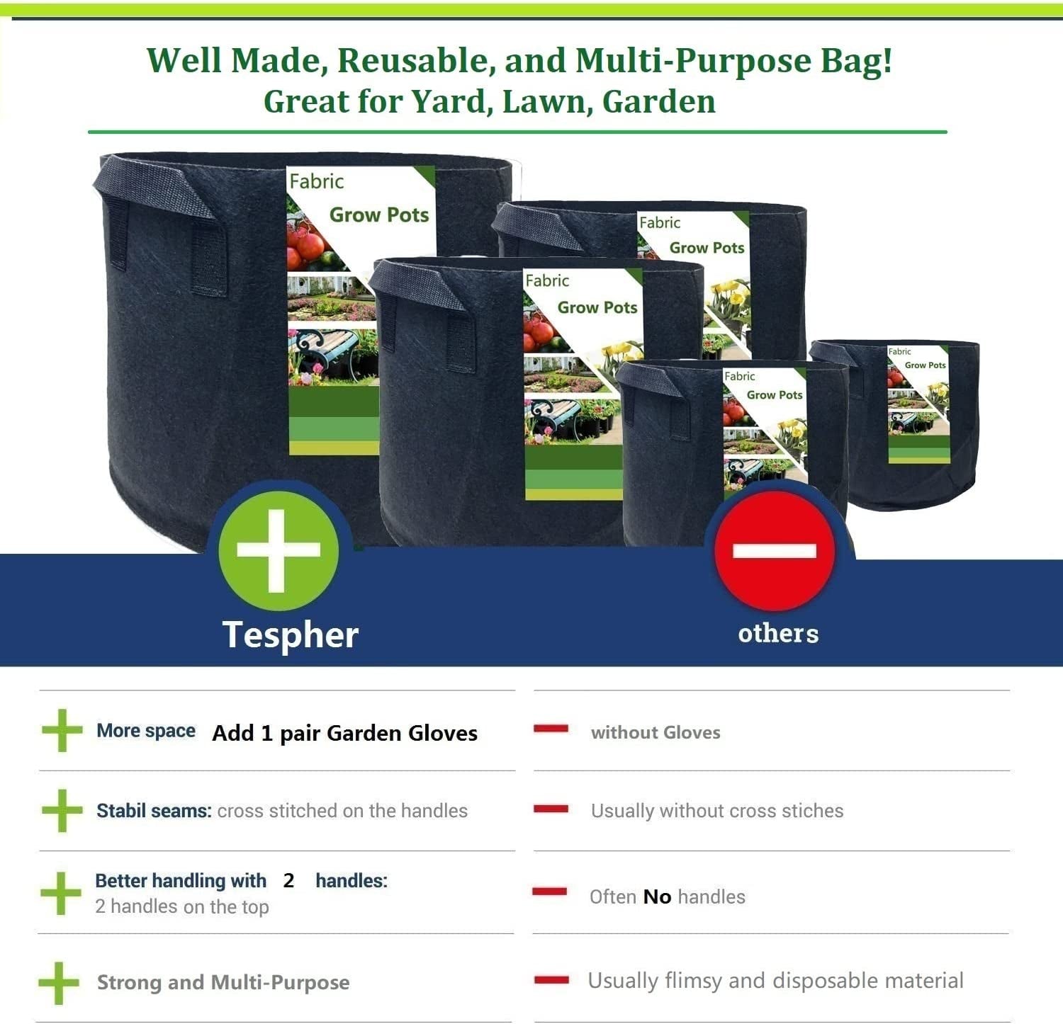 5-Pack 15 Gallon Thickened Plant Grow Bags (20X12 Inch) Fabric Plant Pots Garden Bag for Potato,Tomato Planters,Herbs Veggies Planter Bag,Garden Pot,Flower Pot,Barrel Planter,Plant Container W/ Gloves