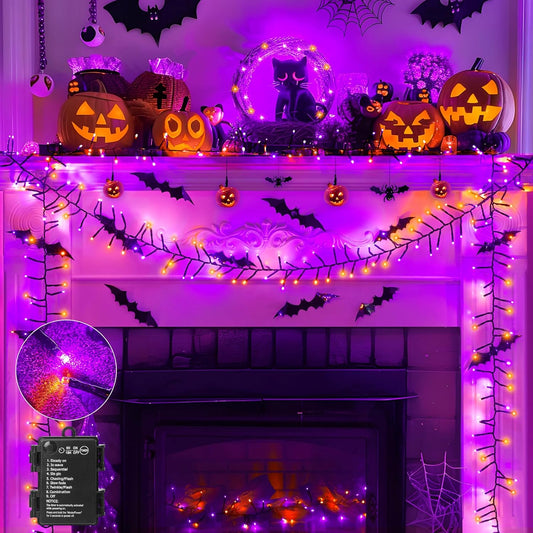 Halloween Lights Battery Operated Outdoor, 10FT 120 LED Orange and Purple Halloween Cluster Lights with Timer, 8 Modes Waterproof Twinkle Fairy String Lights for Indoor Decorations