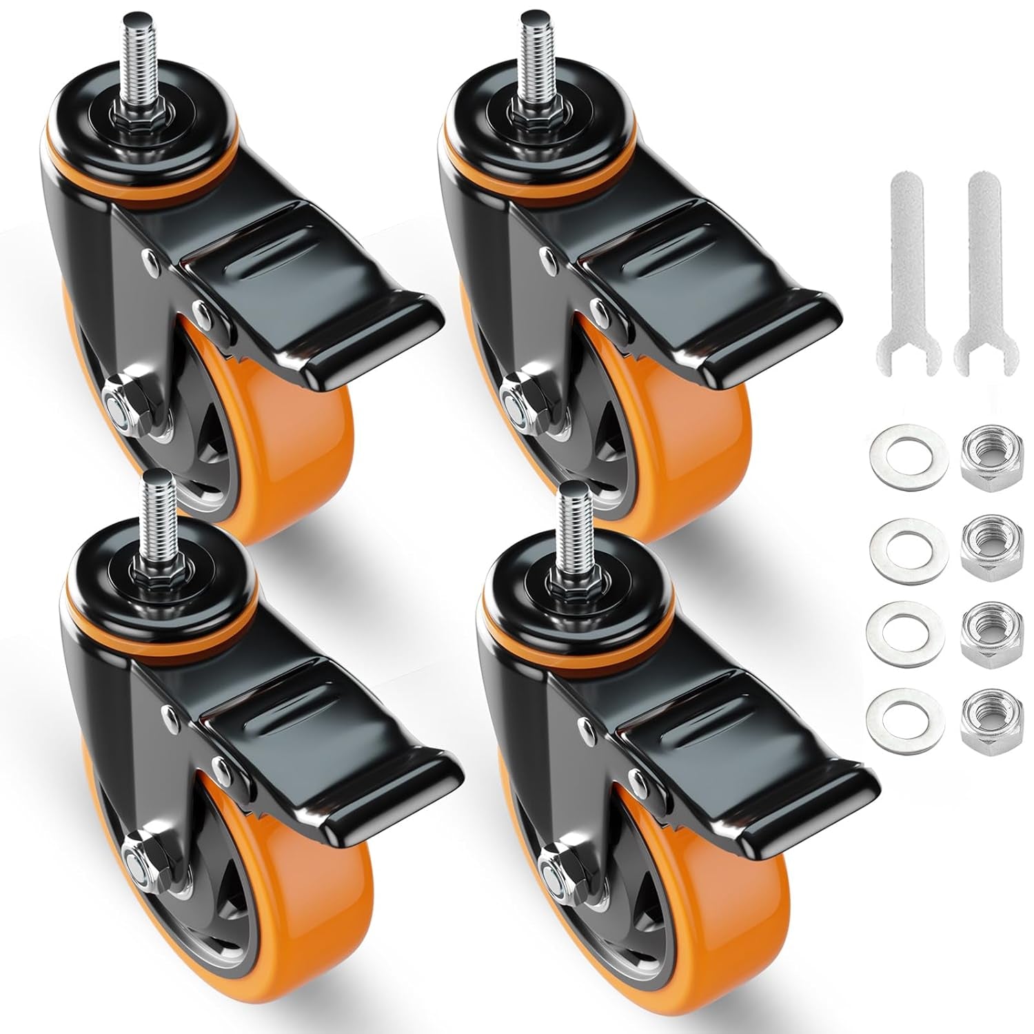4 Inch Caster Wheels 2200Lbs, Threaded Stem Casters Set of 4 Heavy Duty, 1/2"-13 X 1 (Screw Diameter 1/2", Stem Length 1"), Safety Dual Locking Industrial Castors, Wheels for Cart, Furniture