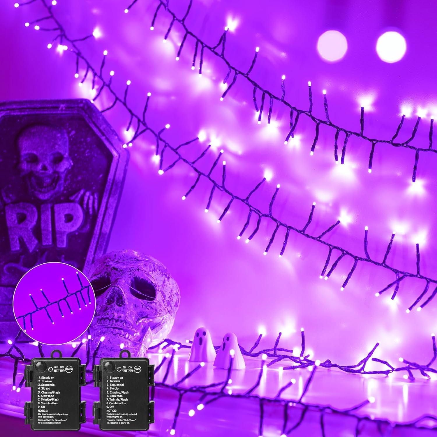 Halloween Lights Battery Operated Outdoor, 10FT 120 LED Orange and Purple Halloween Cluster Lights with Timer, 8 Modes Waterproof Twinkle Fairy String Lights for Indoor Decorations